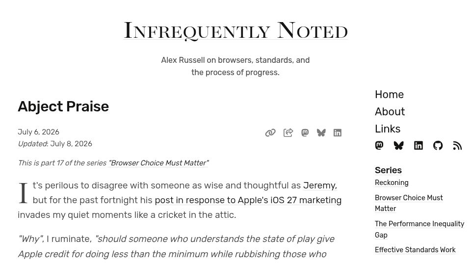 Screenshot of infrequently.org: Abject Praise