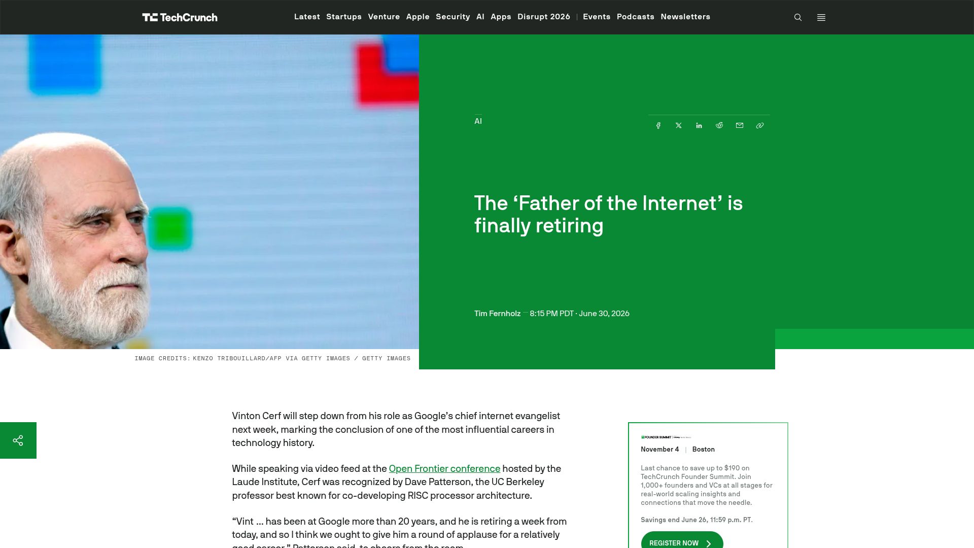 Screenshot of techcrunch.com: Vint Cerf, “father of the Internet”, is retiring