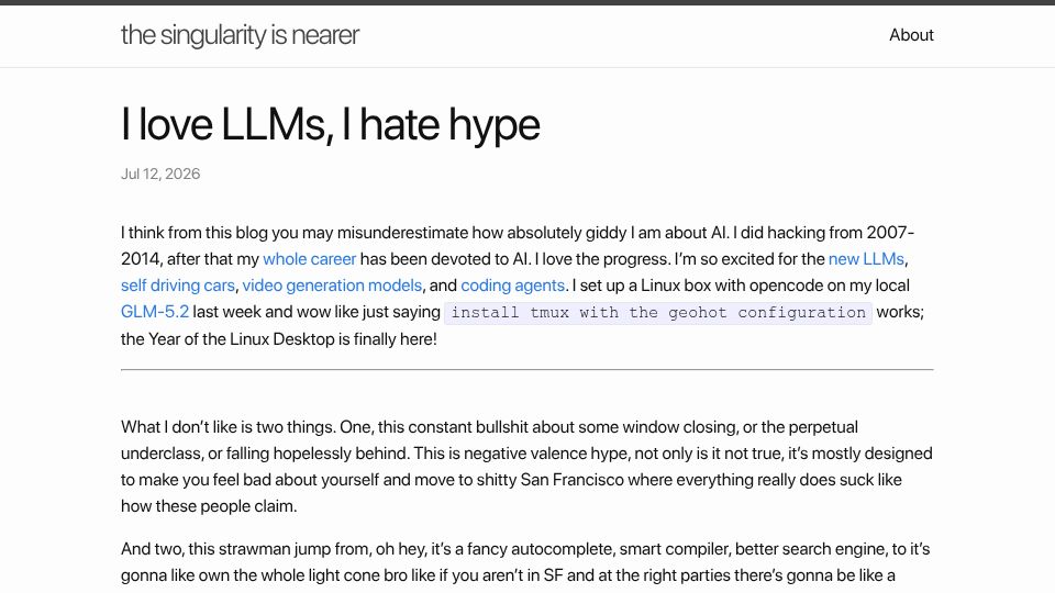 Screenshot of geohot.github.io: I love LLMs, I hate hype