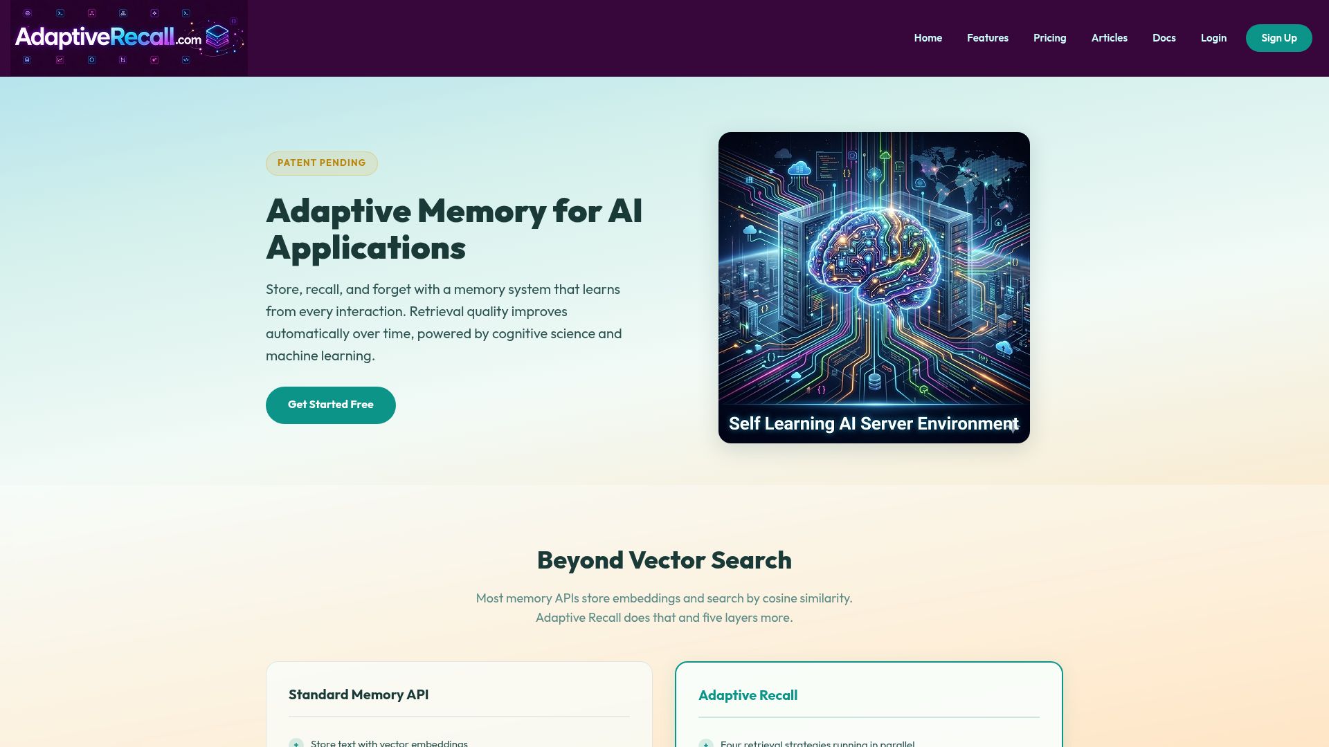 Screenshot of adaptiverecall.com: Show HN: Adaptive Recall, persistent memory for AI assistants over MCP