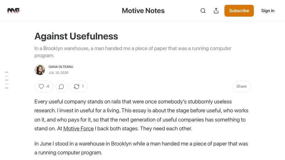 Screenshot of motivenotes.ai: Against Usefulness