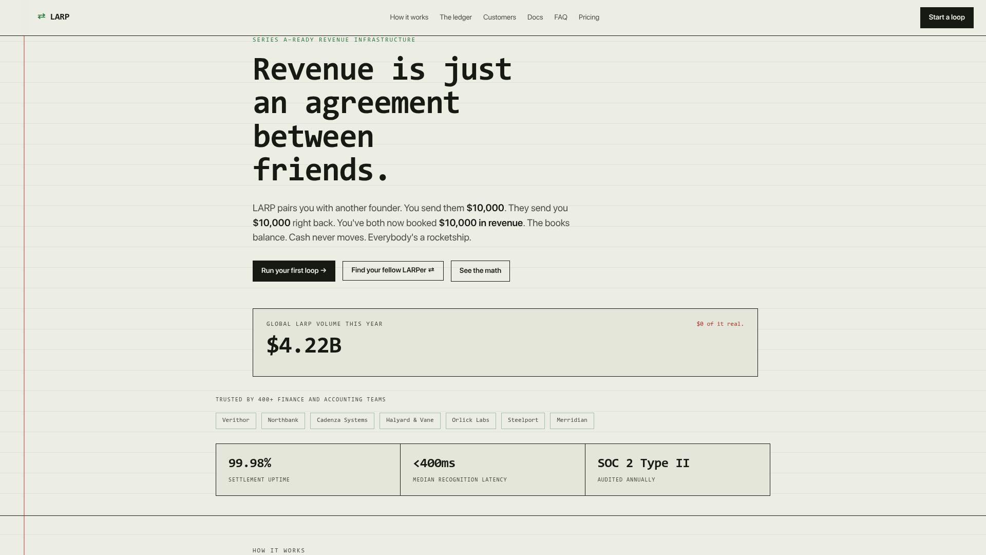 Screenshot of larp.website: LARP – Revenue infrastructure for serious founders