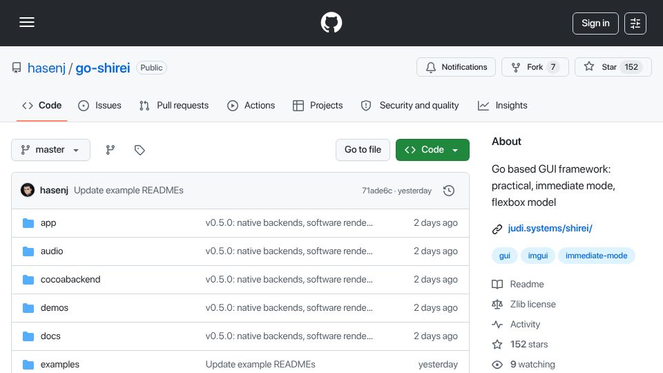 Screenshot of github.com: Show HN: Shirei, cross-platform GUI framework in native Go