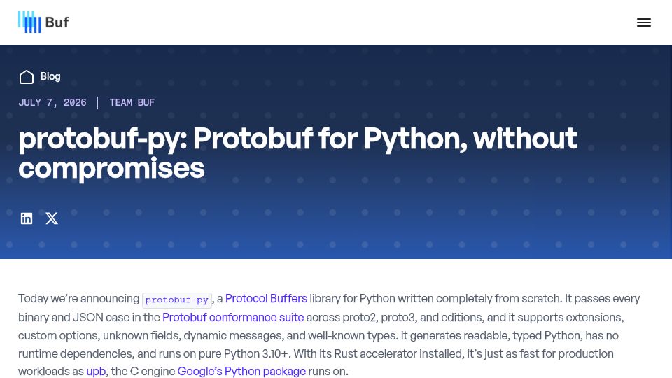 Screenshot of buf.build: Protobuf-py: Protobuf for Python, without compromises