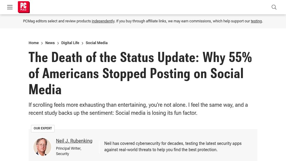 Screenshot of ca.pcmag.com: Death of the Status Update: Why 55% of Americans Stopped Posting on Social Media