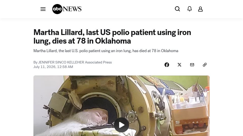 Screenshot of abcnews.com: Martha Lillard, last US polio patient using iron lung, dies at 78 in Oklahoma