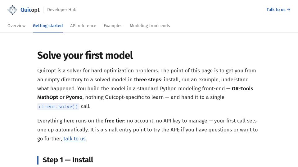 Screenshot of quicopt.com: Optimization Solver as a Service