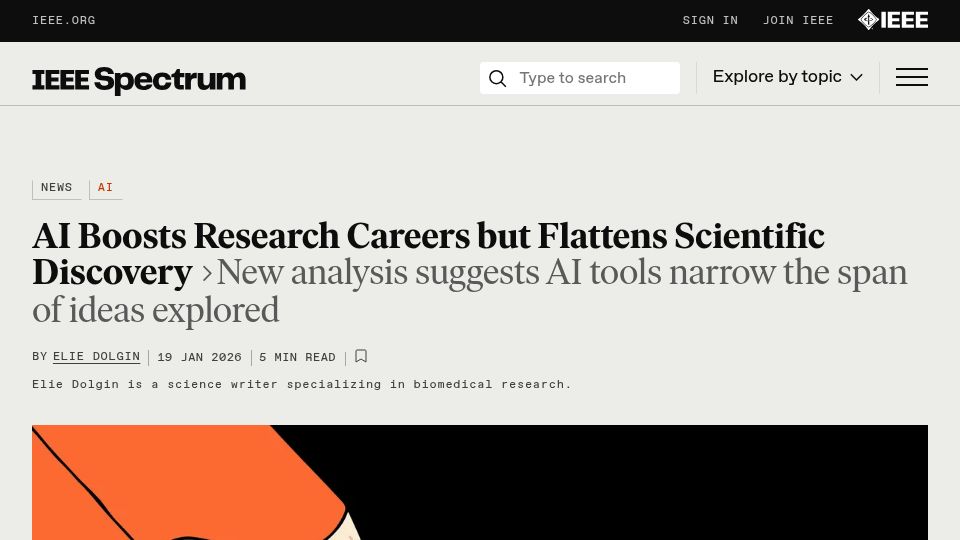 Screenshot of spectrum.ieee.org: AI boosts research careers but narrow the span of ideas explored: study