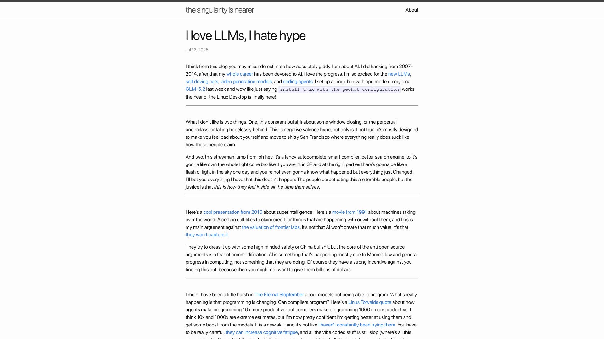 Screenshot of geohot.github.io: I love LLMs, I hate hype