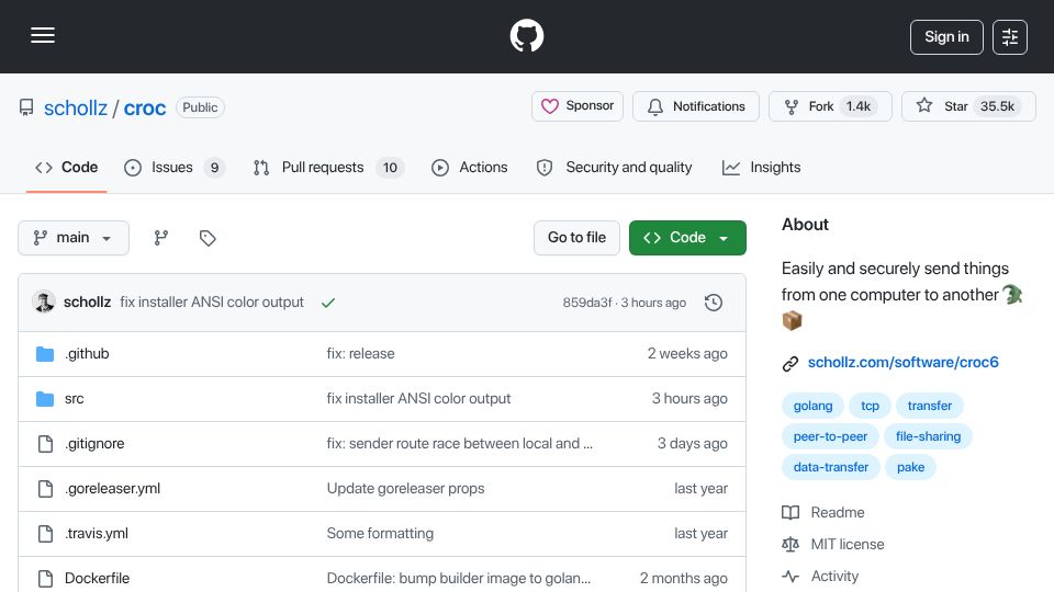 Screenshot of github.com: Croc: Securely transfer files and folders between two computers