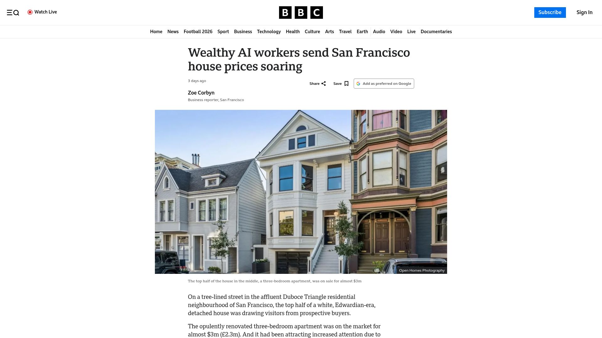 Screenshot of bbc.com: Wealthy AI workers send San Francisco house prices soaring