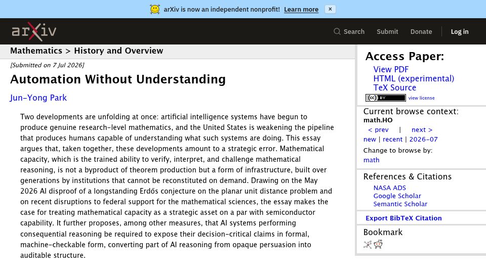 Screenshot of arxiv.org: Automation Without Understanding