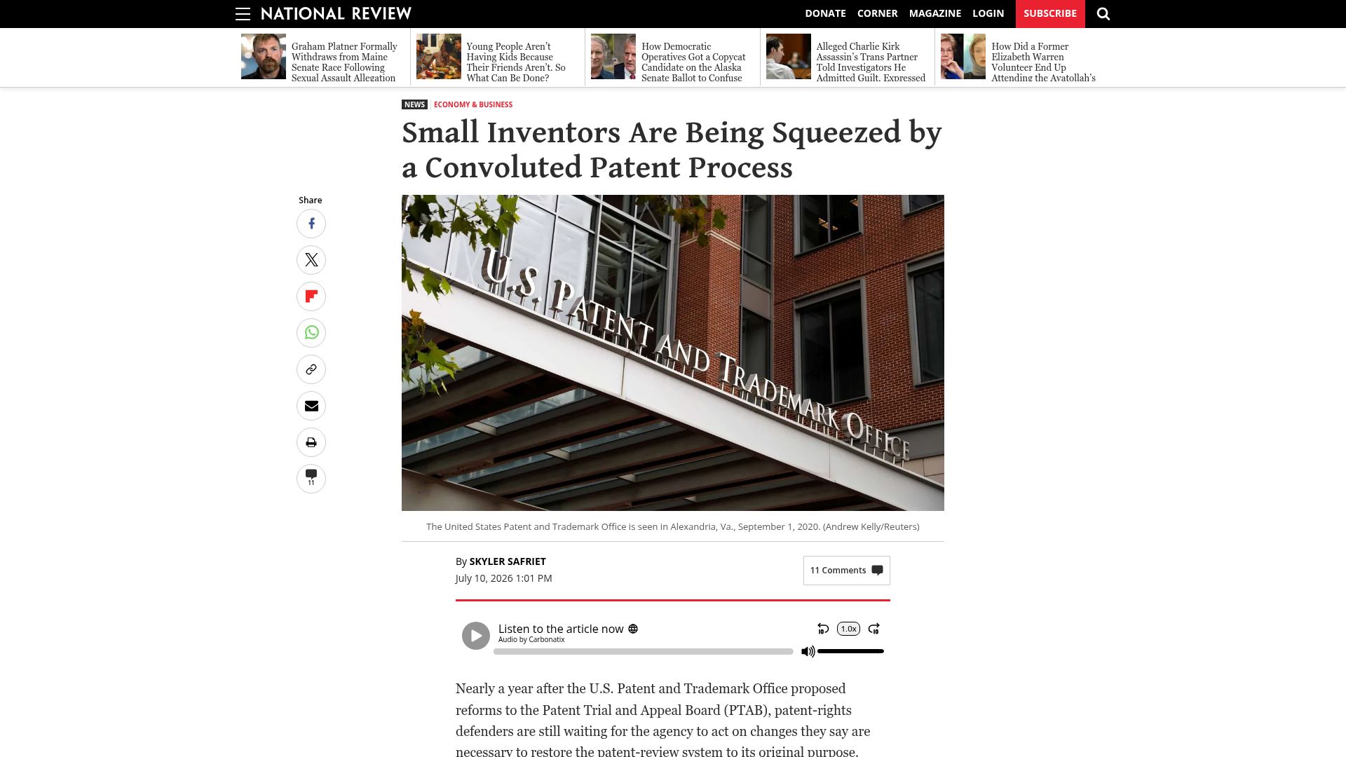 Screenshot of nationalreview.com: Small Inventors Are Being Squeezed by a Convoluted Patent Process