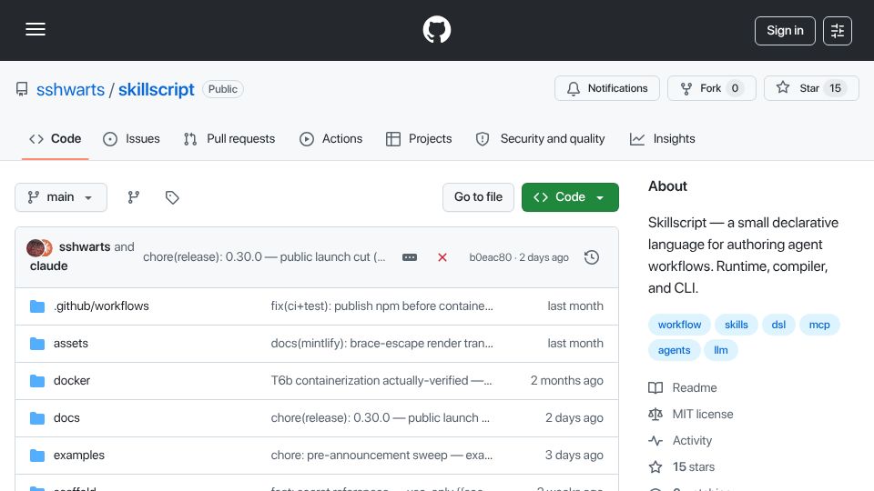 Screenshot of github.com: Show HN: Skillscript – A declarative, sandboxed language for tool orchestration