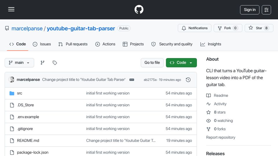 Screenshot of github.com: Show HN: YouTube Guitar Tab Parser