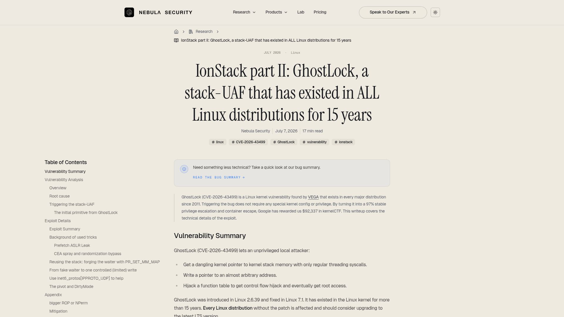 Screenshot of nebusec.ai: GhostLock, a stack-UAF that has existed in all Linux distributions for 15 years