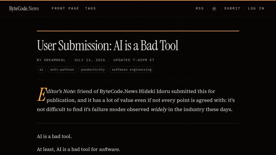 Screenshot of bytecode.news: AI Is a Bad Tool