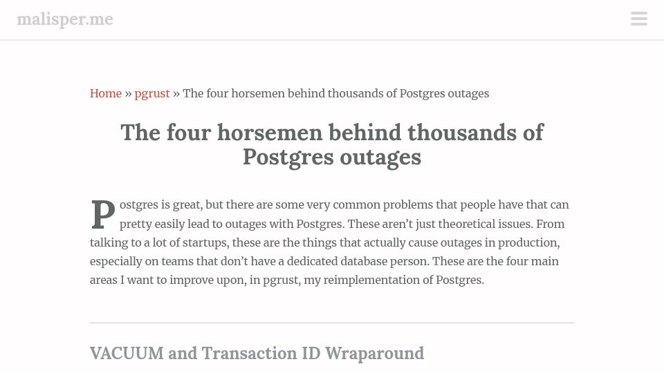 Screenshot of malisper.me: The four horsemen behind Postgres outages