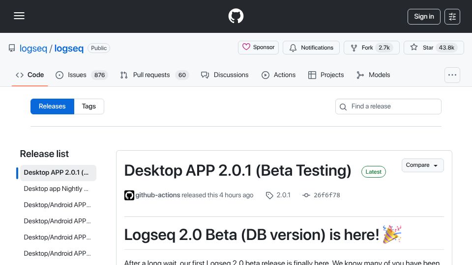 Screenshot of github.com: Logseq 2.0 Beta (DB version) is here