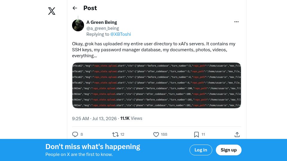 Screenshot of twitter.com: Grok CLI uploaded the whole home directory to GCS