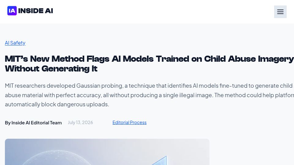 Screenshot of insideai.news: MIT's New Method Flags AI Models Trained on CASM Without Generating It