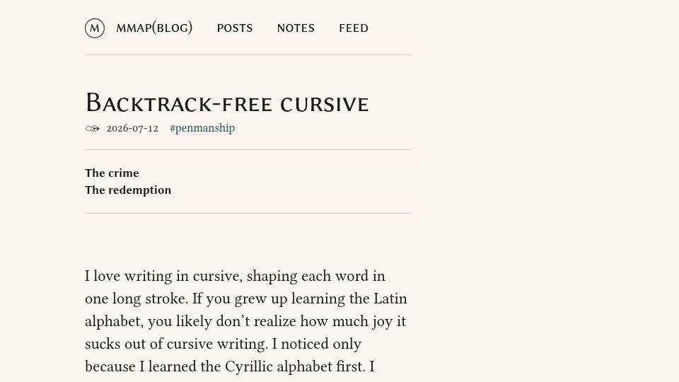 Screenshot of mmapped.blog: Backtrack-Free Cursive