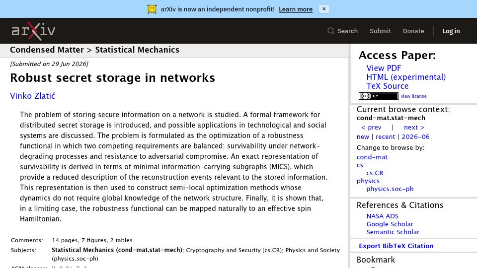 Screenshot of arxiv.org: Robust Secret Storage in Networks