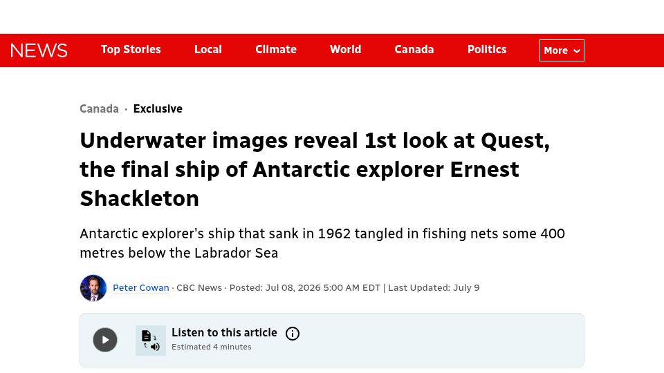 Screenshot of cbc.ca: First look at Quest, the final ship of Antarctic explorer Shackleton