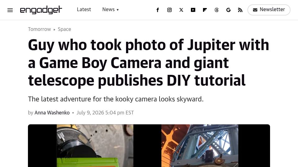 Screenshot of engadget.com: Guy took Jupiter photo with Game Boy Camera, giant telescope, publishes tutorial