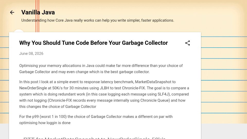 Screenshot of blog.vanillajava.blog: Tune Code Before Your Garbage Collector