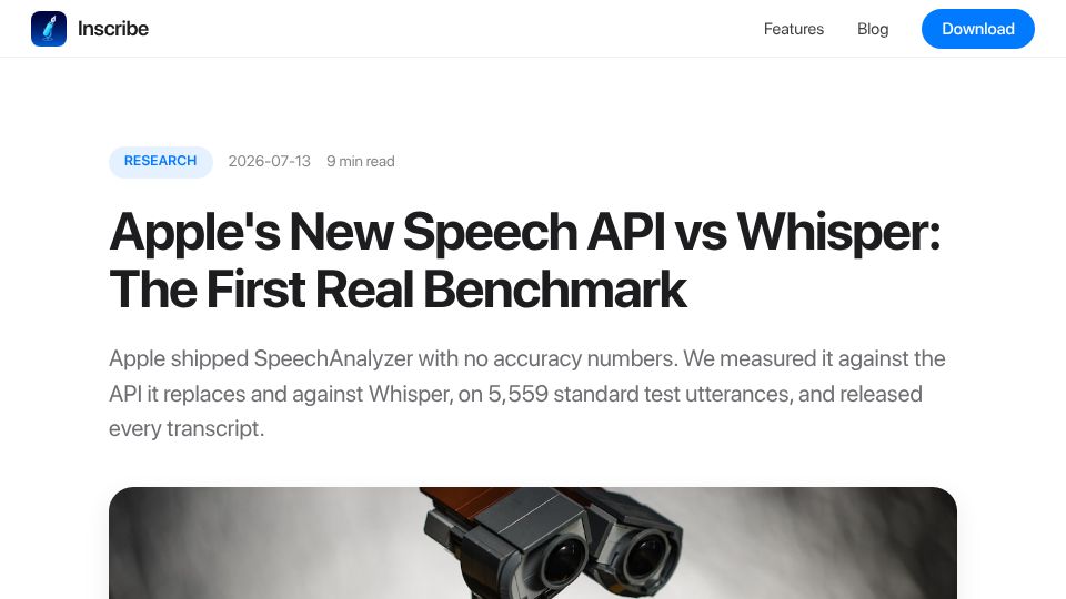 Screenshot of get-inscribe.com: Apple's new SpeechAnalyzer API, benchmarked against Whisper and its predecessor
