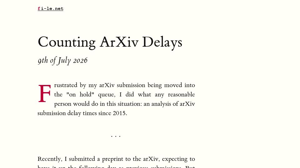 Screenshot of fi-le.net: Counting ArXiv Delays