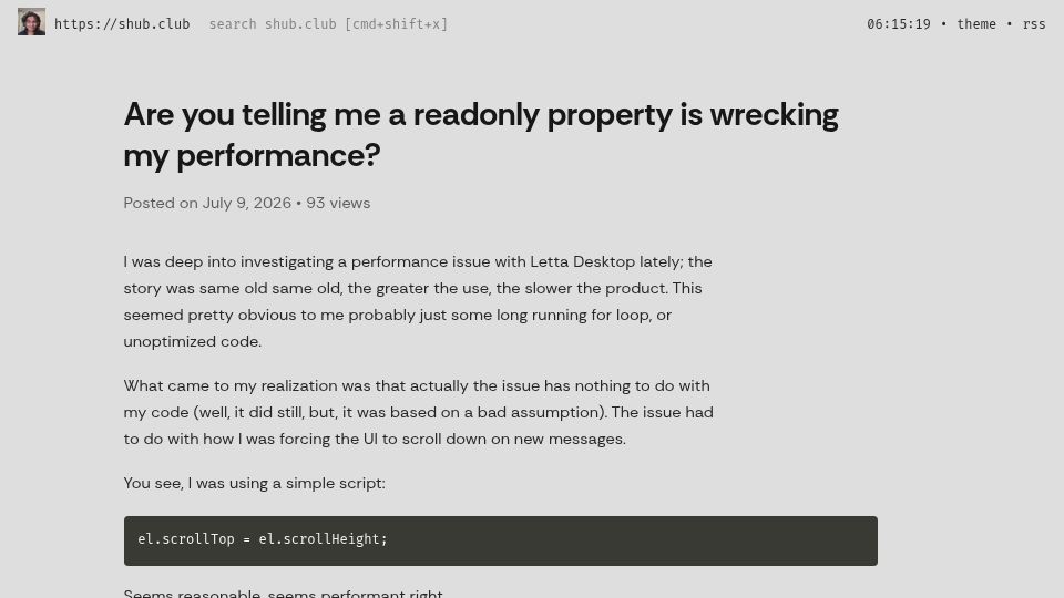 Screenshot of shub.club: Are you telling me a readonly property is wrecking my performance?