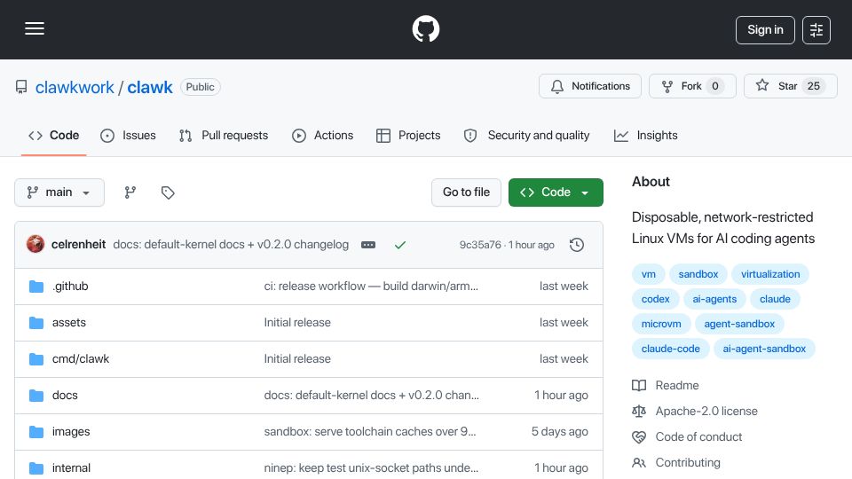 Screenshot of github.com: Show HN: Clawk – Give coding agents a disposable Linux VM, not your laptop