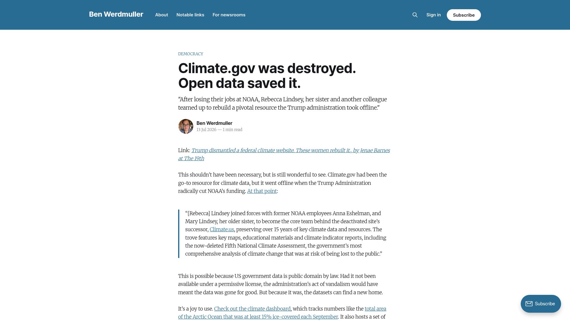 Screenshot of 19thnews.org: Former NOAA employees built Climate.us to preserve climate data and resources