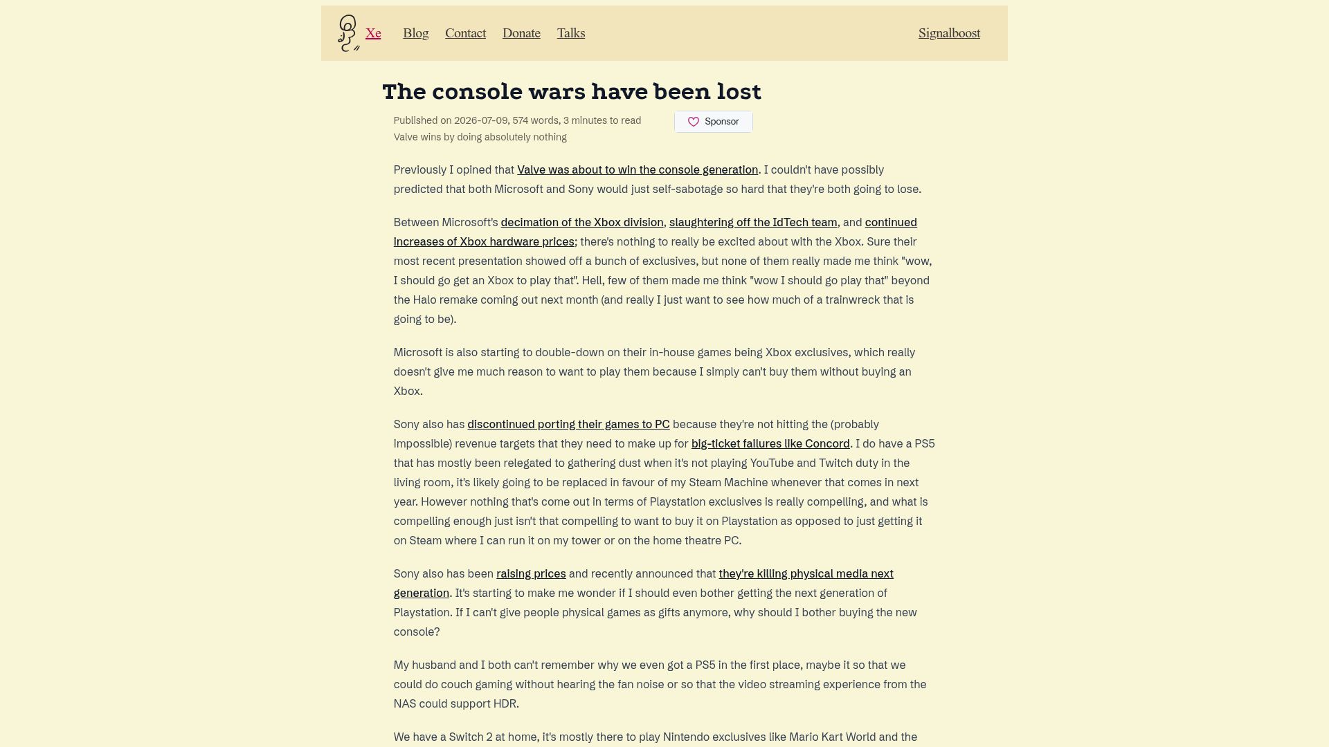 Screenshot of xeiaso.net: The console wars have been lost