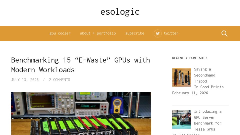Screenshot of esologic.com: Benchmarking 15 “E-Waste” GPUs with Modern Workloads