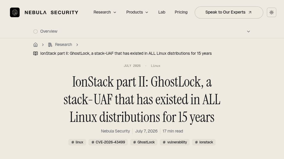 Screenshot of nebusec.ai: GhostLock, a stack-UAF that has existed in all Linux distributions for 15 years