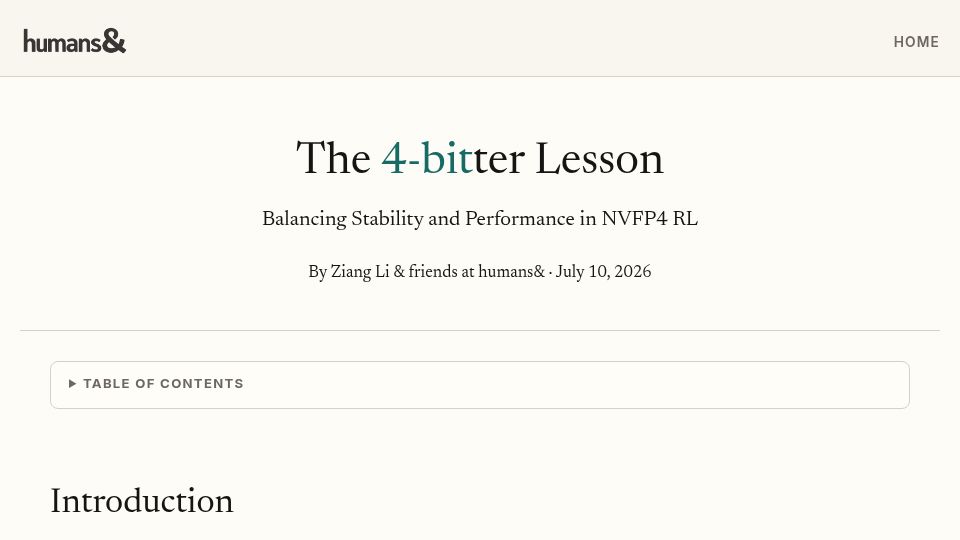Screenshot of humansand.ai: The 4-Bitter Lesson: Balancing Stability and Performance in NVFP4 RL