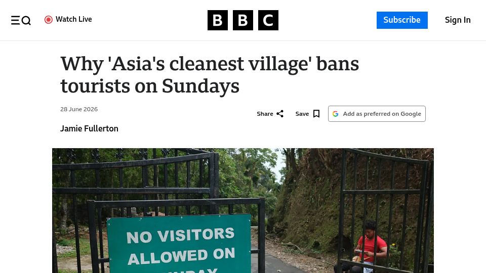Screenshot of bbc.com: Mawlynnong, India, transformed by tourism, bans visitors on Sundays