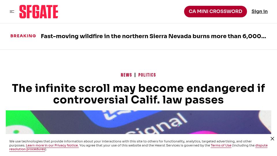 Screenshot of sfgate.com: The infinite scroll may become endangered if controversial Calif. law passes