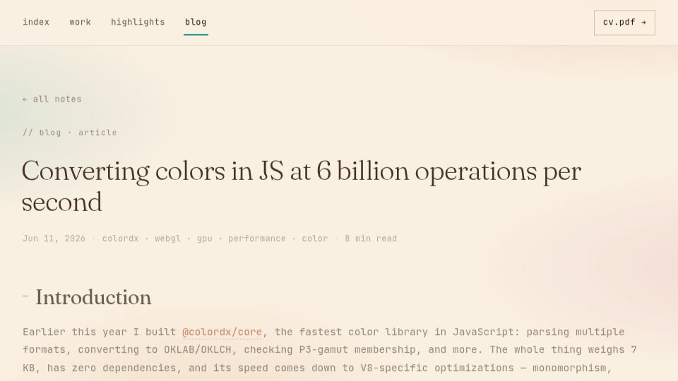 Screenshot of dkryaklin.com: Converting colors in JavaScript at 6B operations per second