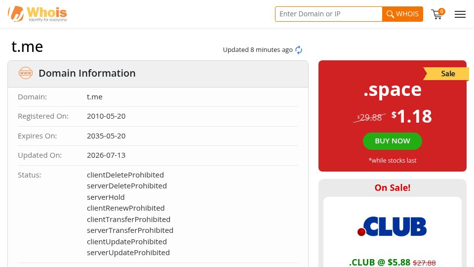 Screenshot of whois.com: Telegram's t.me domain has been suspended