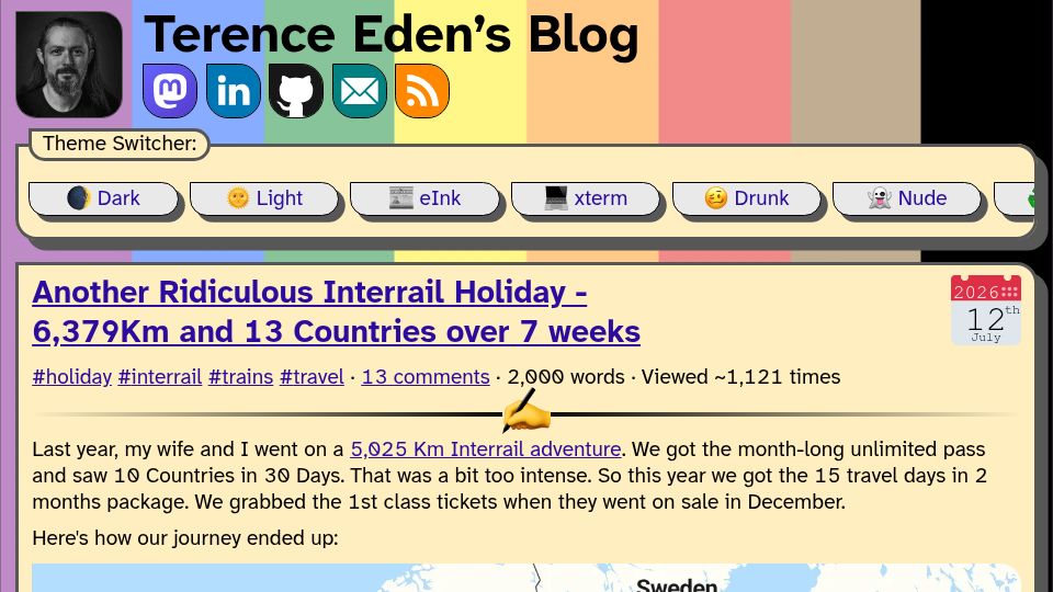 Screenshot of shkspr.mobi: Interrail: 6,379Km and 13 Countries over 7 weeks