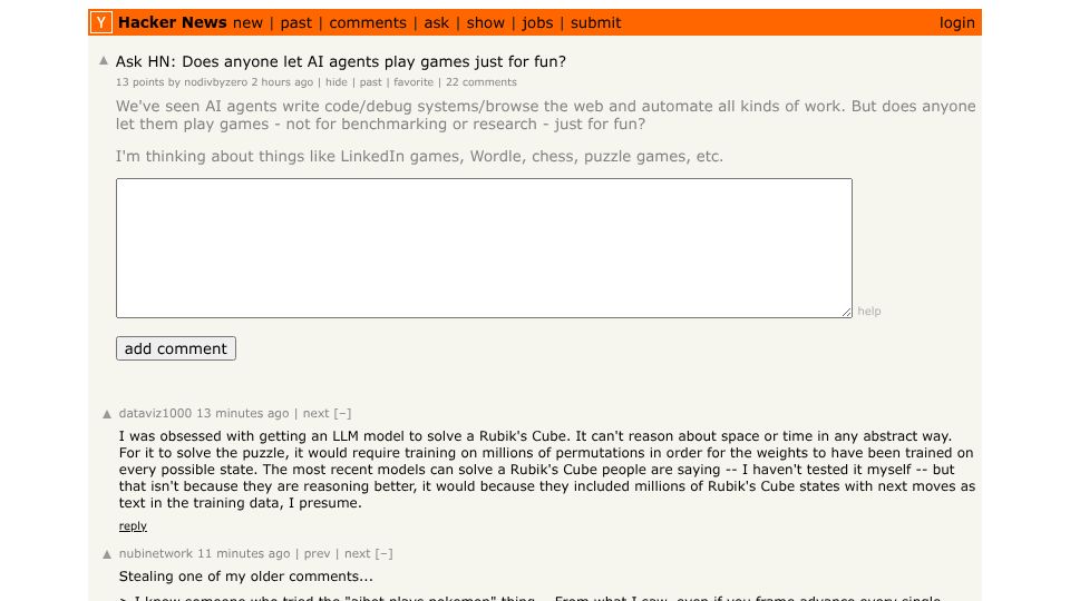 Screenshot of Hacker News post: Ask HN: Does anyone let AI agents play games just for fun?