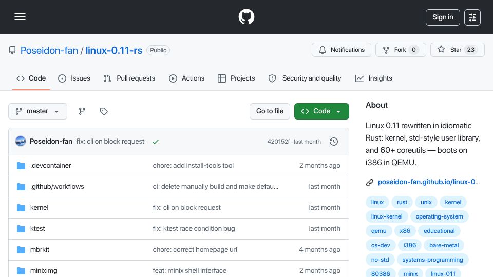 Screenshot of github.com: Linux 0.11 rewritten in idiomatic Rust, boots in QEMU