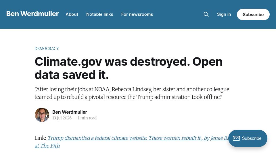 Screenshot of 19thnews.org: Former NOAA employees built Climate.us to preserve climate data and resources