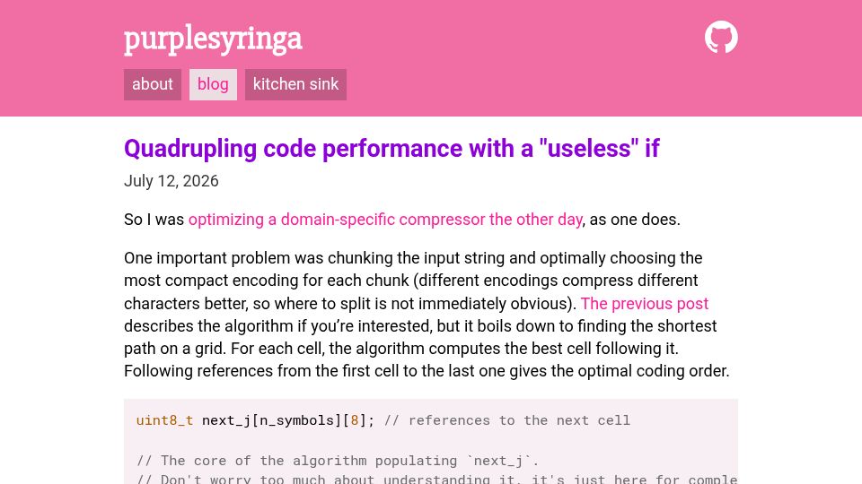 Screenshot of purplesyringa.moe: Quadrupling code performance with a "useless" if