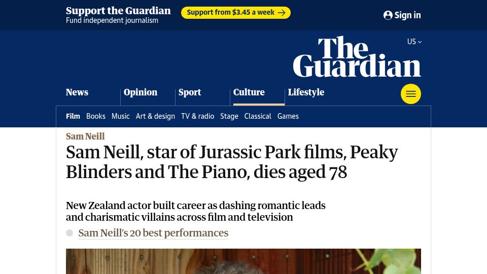 Screenshot of theguardian.com: Sam Neill has died