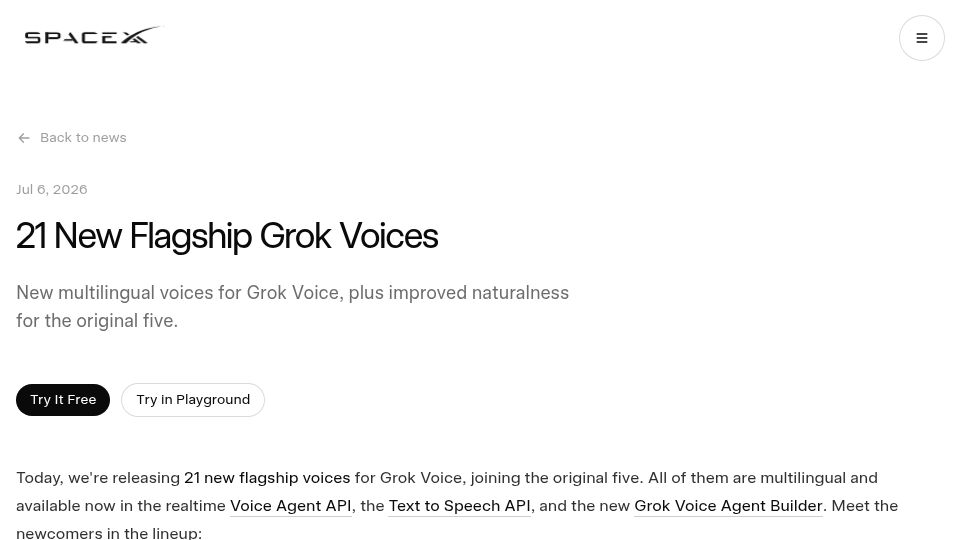 Screenshot of x.ai: New Flagship Grok Voices